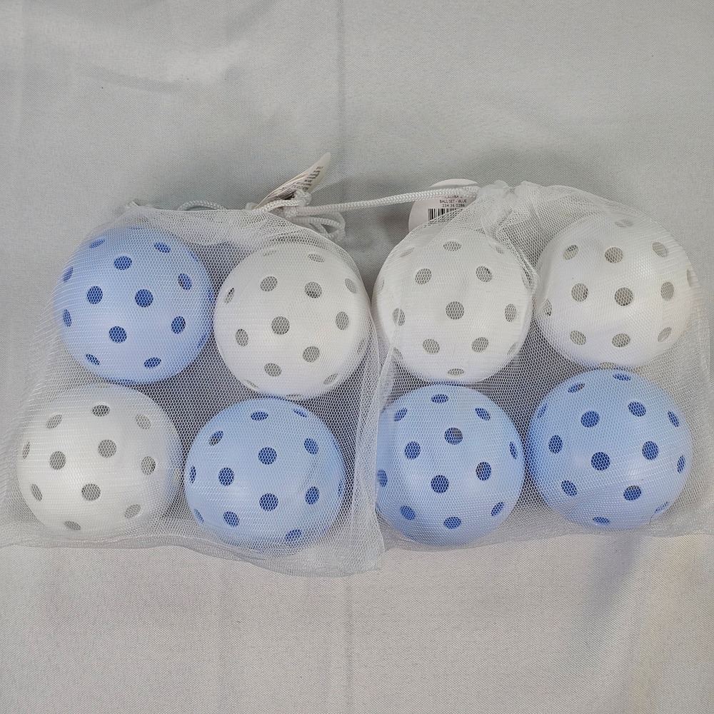 New Outdoor Pickleball Ball Set 8 Count Blue and White with Mesh Carry Bags